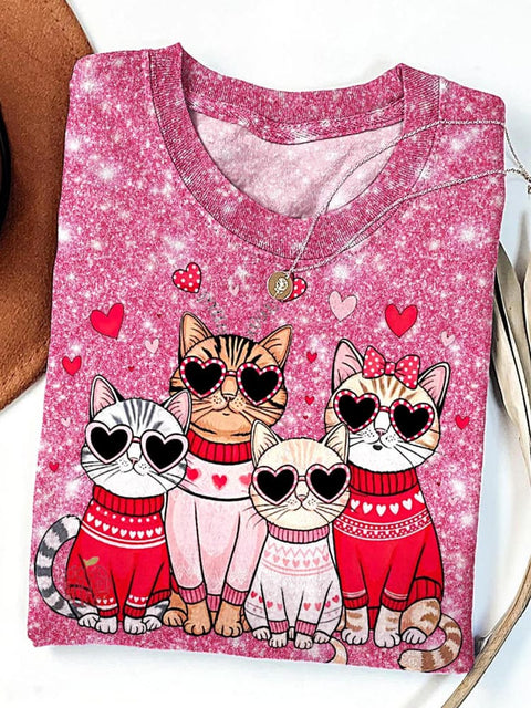 Women's Valentine's Day Cat Print Crew Neck T-shirt