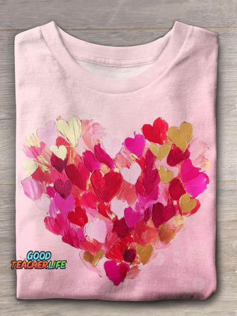 Valentine Day Heart Brushstroke Crew Neck T-shirt