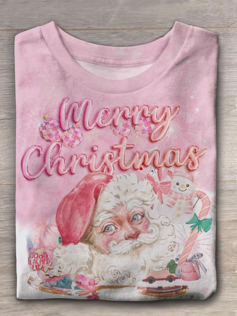 Blush Pink Retro Santa Claus Wreath Crew Neck T-shirt