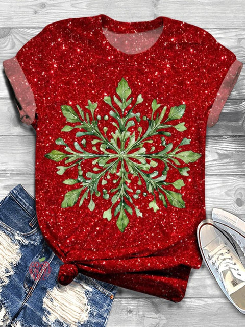 Green Christmas Snowflakes Crew Neck T-shirt