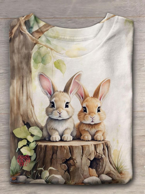 Two Rabbit Under The Tree Printed Crew Neck T-shirt