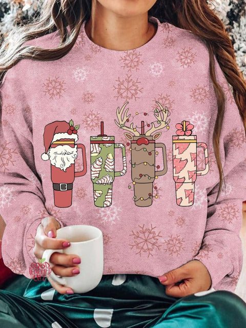 Retro Obsessive Cup Disorder Christmas Printed Long Sleeve Casual Top