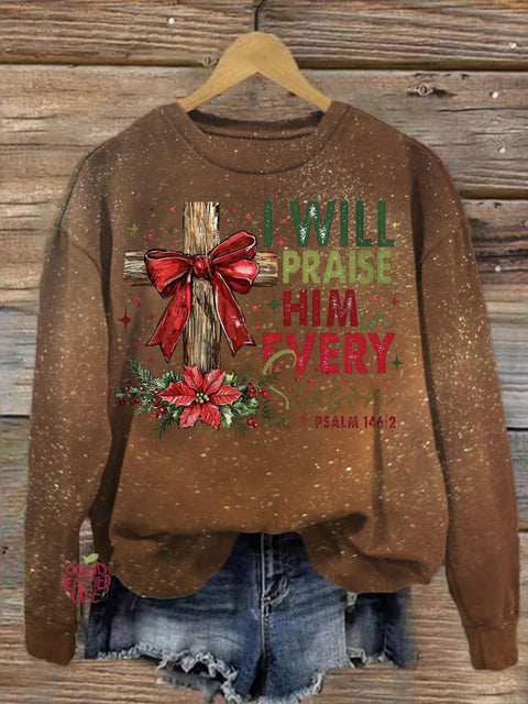 I Will Praise Him Every Season Printed Long Sleeve Casual Top