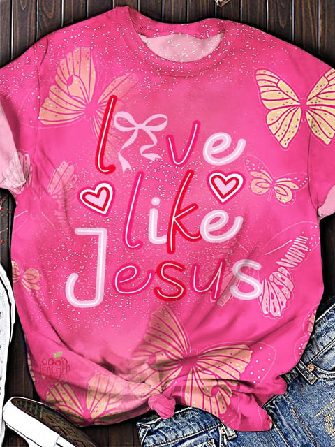 Women's Valentine's Day Love Like Jesus Retro Print Crew Neck T-shirt