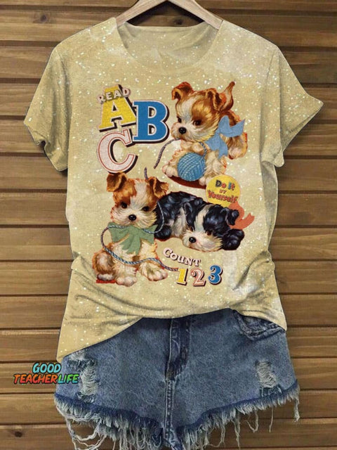 Women's ABC Cute Ouppy Retro Childlike Print Casual T-shirt