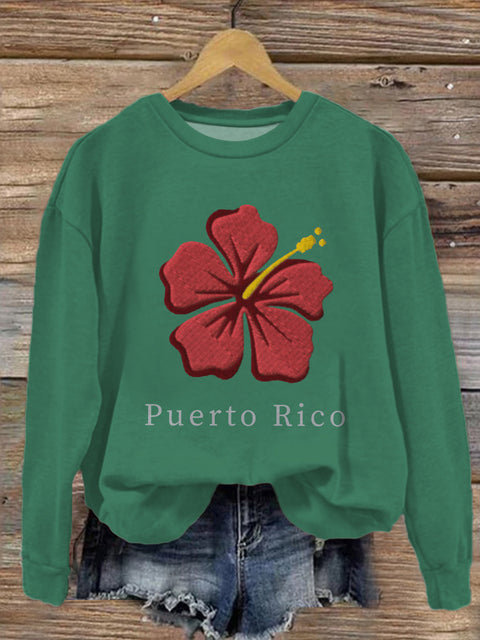 Puerto Rico State Flower Printed Long Sleeve Casual Top