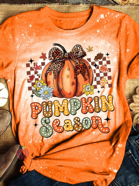 Retro Pumpkin Season Bow Crew Neck T-shirt