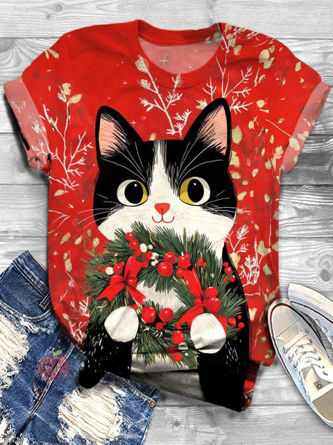 Cute Valentine Flower Garland Cat Crew Neck T-shirt