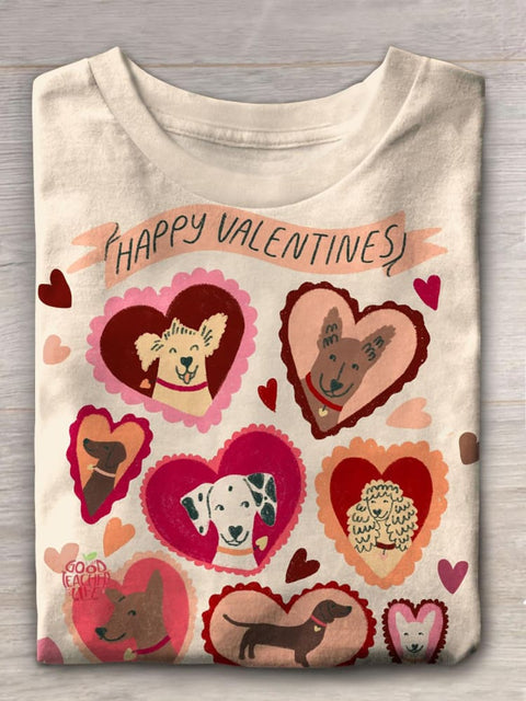 Happy Valentine's Day Cute Animal Puppy Print Casual T-shirt