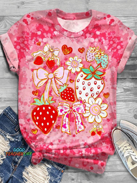 Boho Strawberry Coquette Crew Neck T-shirt
