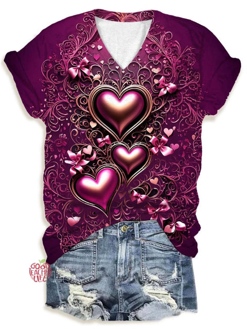 Heart Shaped Bow V-Neck T-Shirt