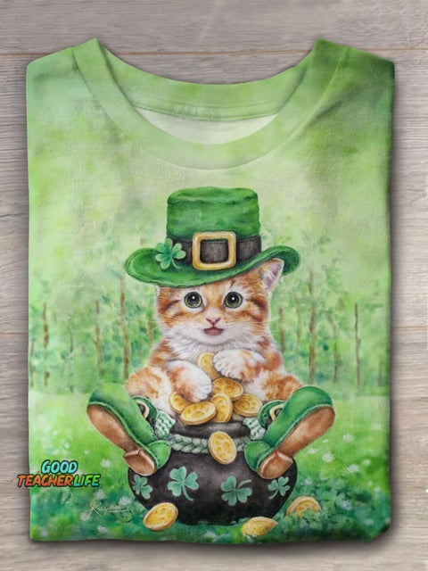 St Patrick's Cat Print Crew Neck T-shirt