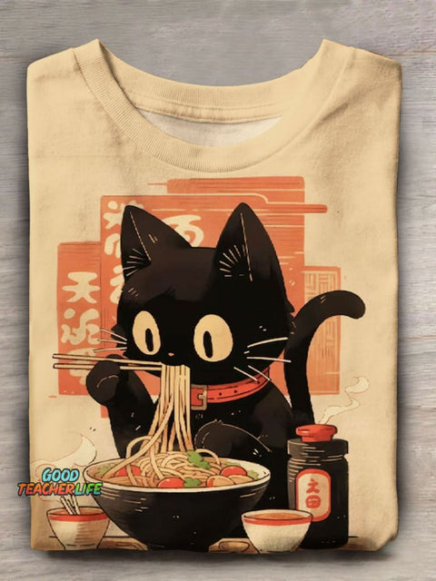 Funny Japanese Cat Print Casual Short Sleeve T-Shirt