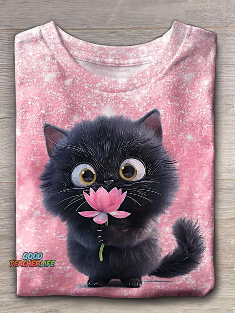Women's Valentine's Day Cute Cat Print Crew Neck T-shirt