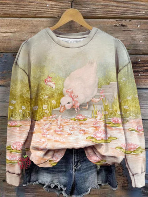 Women's Cute Duck And Fish Retro Print Long Sleeve Top