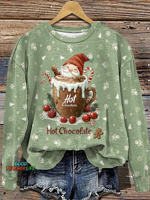 Women's Christmas Hot Cocoa Santa Printed Long Sleeve Casual Top