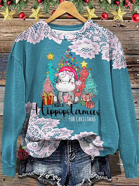 Women's Lace Hippo Christmas Printed Long Sleeve Casual Top