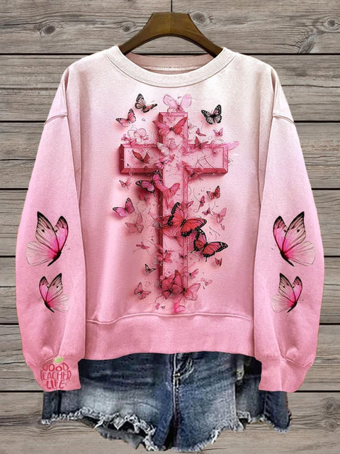 Women's Jesus Butterfly Cross Printed Long Sleeve Casual Top