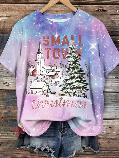 Women's Small Town Christmas Tree Starry Sky Print T-Shirt