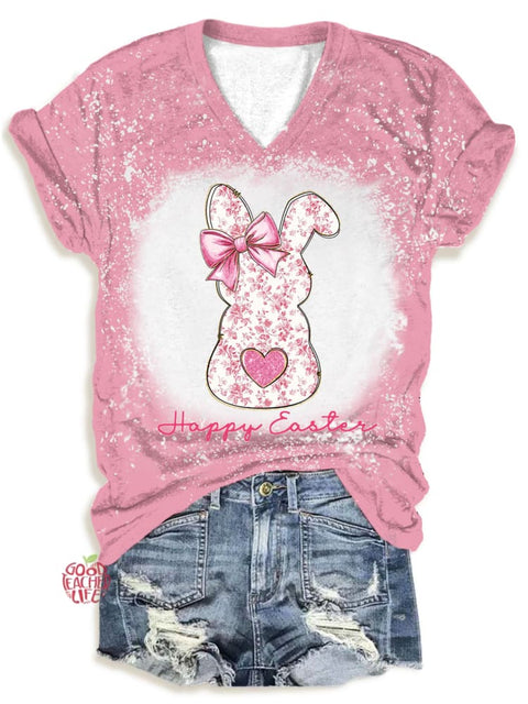 Happy Easter Pink Floral Bunny V-Neck T-Shirt