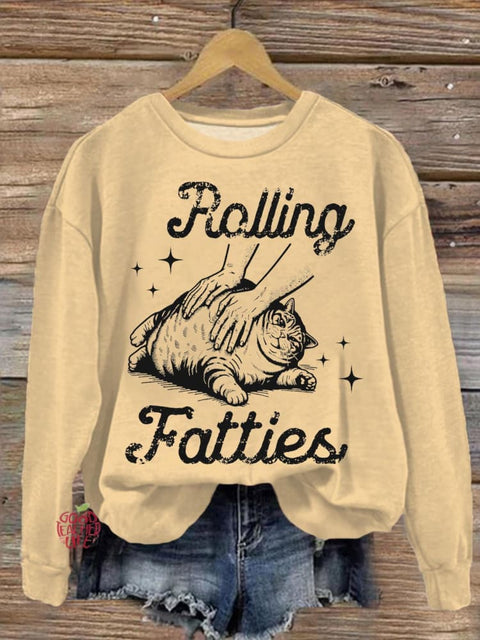 Funny Rolling Fatties Cat Printed Long Sleeve Casual Top