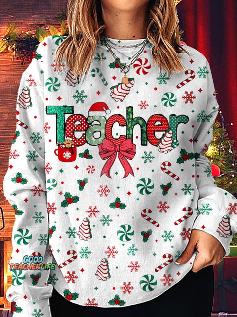 Women's Teacher Christmas Printed Long Sleeve Casual Top