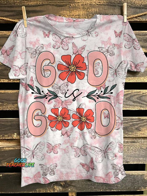 God is Good Butterfly Printed Crew Neck T-shirt