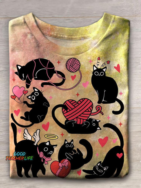 Women's Valentine's Day Cute Cat Playing Print Casual T-shirt
