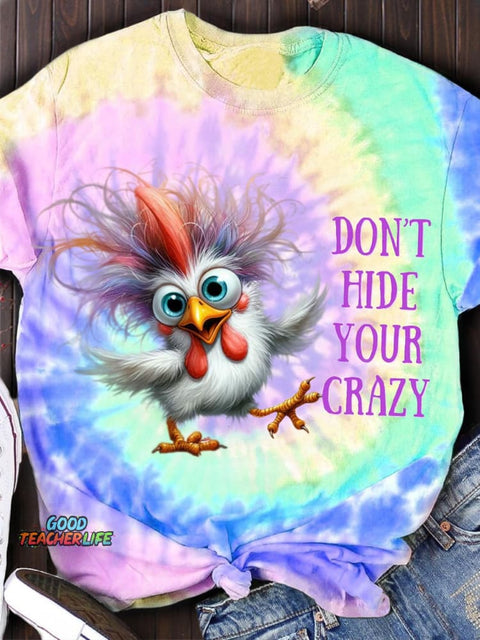 Tie Dye Funny Chicken Print Casual T-Shirt