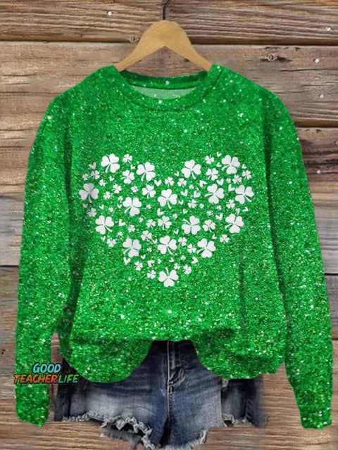 Shamrock Heart Printed Long Sleeve Casual Top