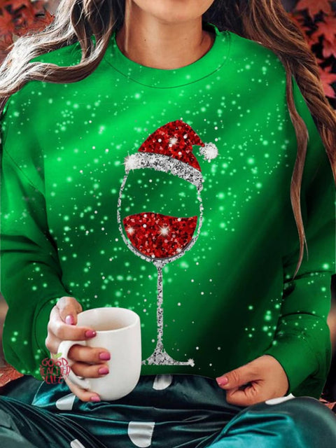 Beautiful Christmas Wine Glass Printed Long Sleeve Casual Top