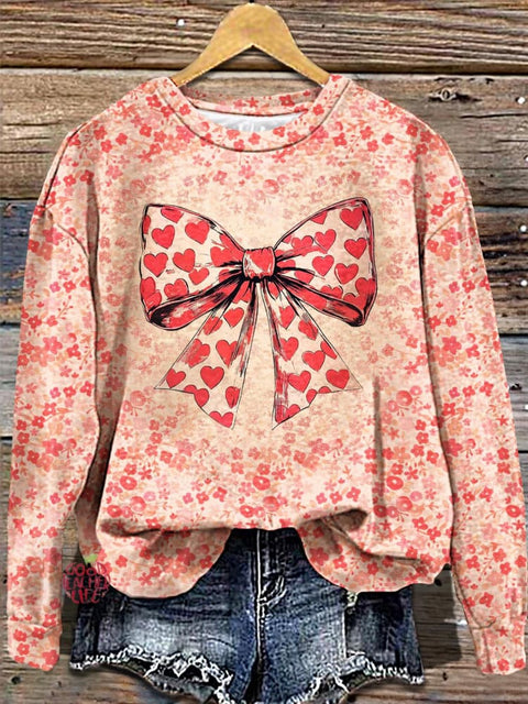 Women's Retro Valentine's Day Heart Bow Printed Long Sleeve Casual Top