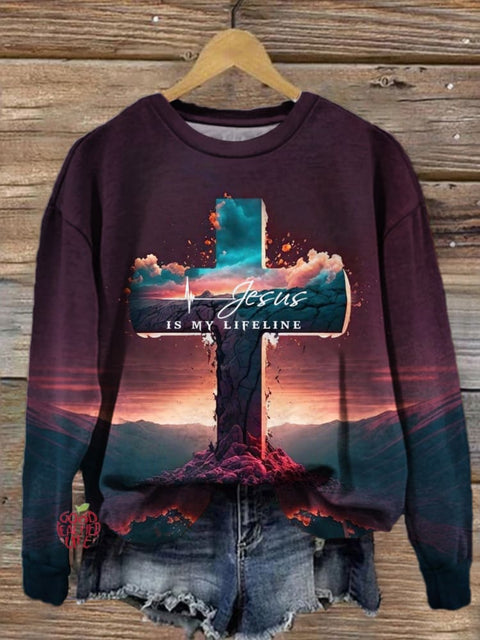 Jesus Is My Lifeline Printed Long Sleeve Casual Top