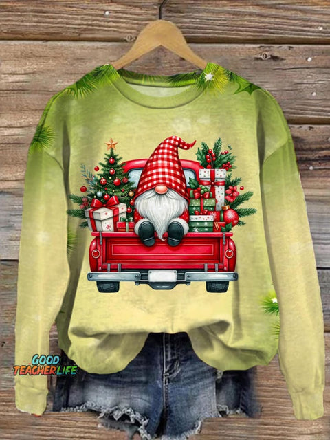 Gnome And Christmas Gifts On Red Truck Printed Long Sleeve Casual Top