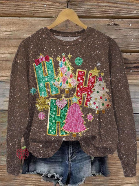 Colorful Coquette Glitter Christmas Tree Printed Long Sleeve Casual Top