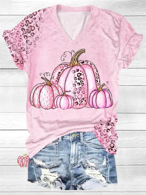 Pink October Halloween Pumpkin V Neck T-Shirt