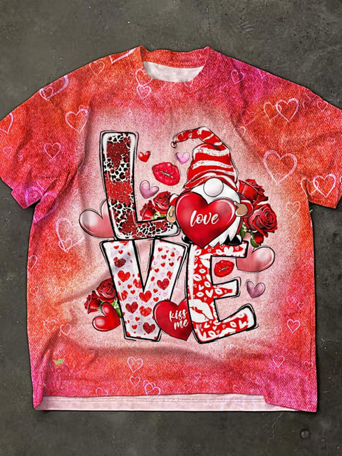 Valentine's Day Cute Gnome Print Crew Neck T-shirt