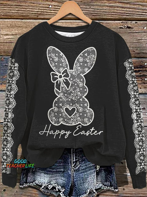 White Lace Bunny Easter Print Long Sleeve Casual Top