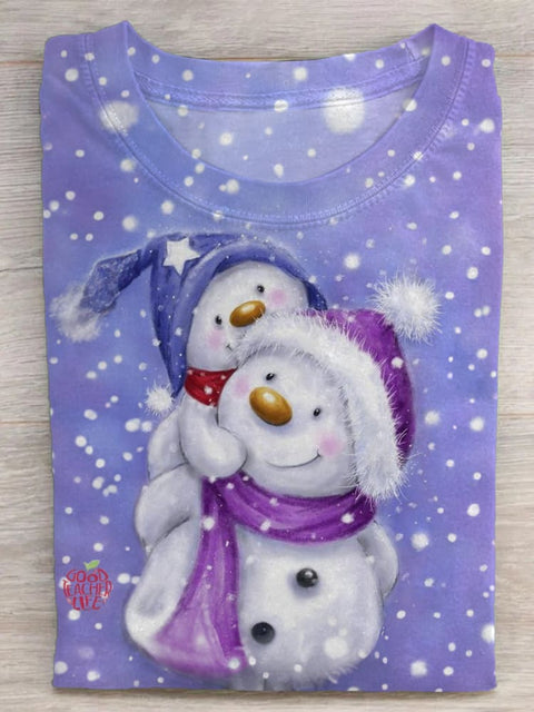 Cute Design Snowman And Child Crew Neck T-shirt