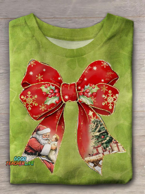 Santa Claus With A Big Red Bow Holding A Child Crew Neck T-shirt