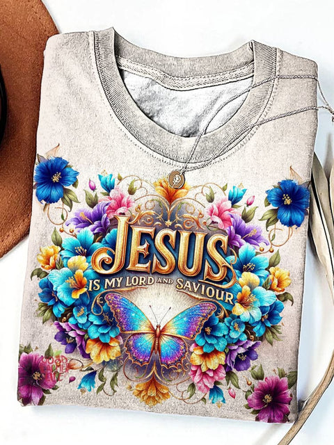 Jesus Is My Lord and Savior Print Crew Neck T-shirt