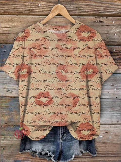 Love You Valentine's Day Retro Print Crew Neck T-shirt