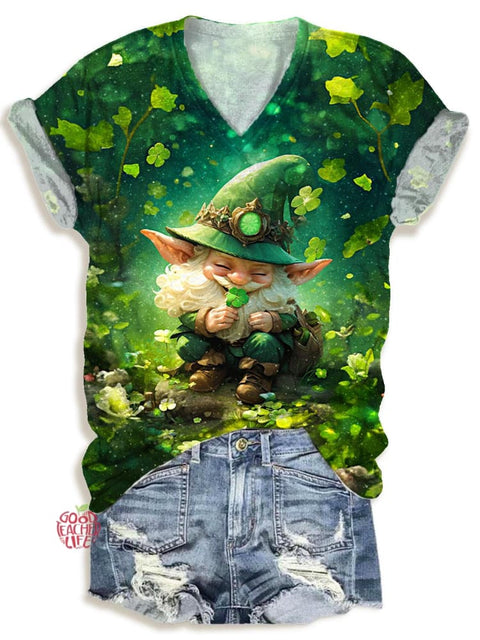 Women's St. Patrick's Gnome Print V-Neck T-Shirt