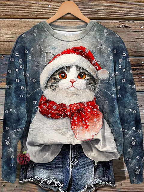 Women's Santa Hat Cat Printed Long Sleeve Casual Top