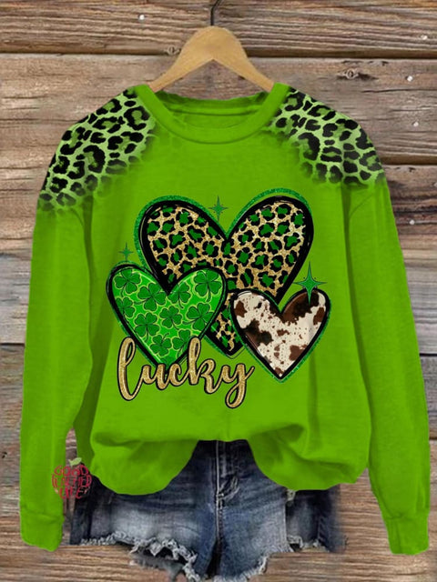 Lucky St. Patrick's Hearts Printed Long Sleeve Casual Top