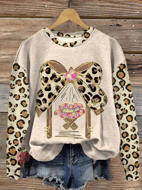 Star Leopard Print Bow Printed Long Sleeve Casual Top