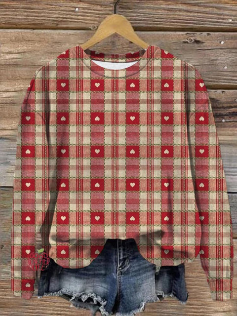 Valentine's Day Retro Love Heart Plaid Print Long Sleeve Casual Top