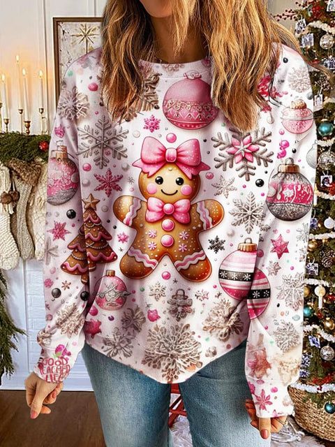 Women's Christmas Pink Gingerbread Printed Long Sleeve Casual Top