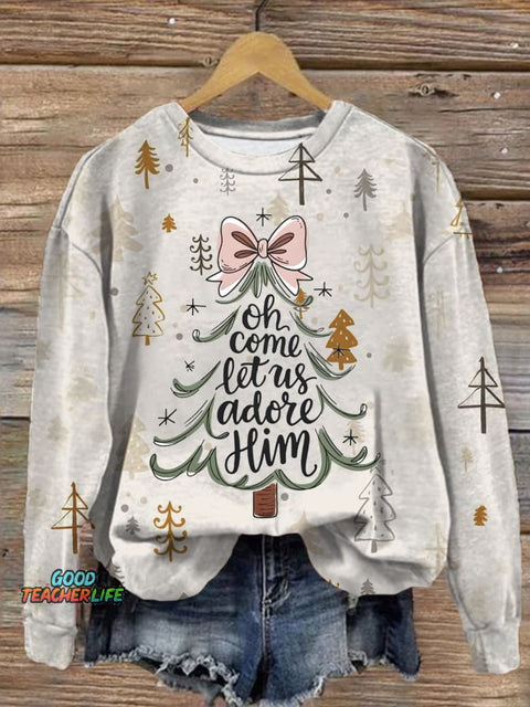 Coquette Christmas Tree Jesus Printed Long Sleeve Casual Top
