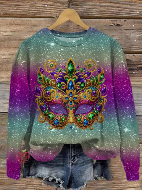 Mardi Gras Mask Printed Long Sleeve Casual Top